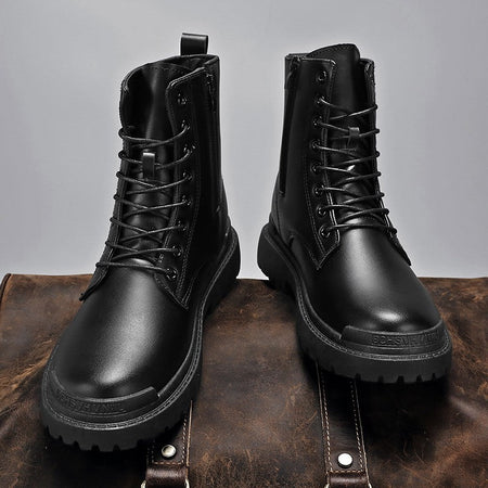 Black Men's Casual Leather Boots Fashion Winter Men Work Boot Mens Shoes Non-slip Designer High Top Ankle Boots Motorcycle Shoes