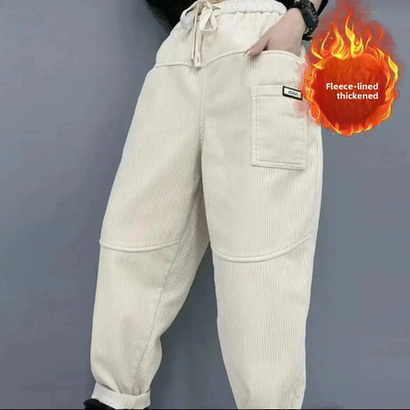 Thickened Fleece Lined Corduroy Harlan Pants Winter New Fashion Long Trousers Elastic Waist Loose Versatile Trendy Women's Cloth