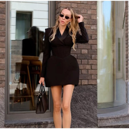 Fashion Solid Cinched-waist Mini Dress Women Elegant Lapel Full Sleeve V-neck A-line High Waist Dresses Lady Office Commute Gown
