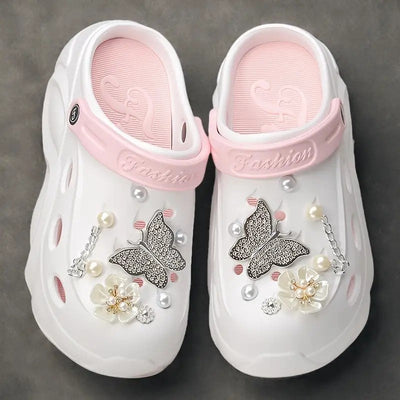 Silver Butterfly Platform Sandals for Women Summer Fashion Pearl Flower Decor Clogs Shoes Woman Thick Bottom EVA Beach Slippers