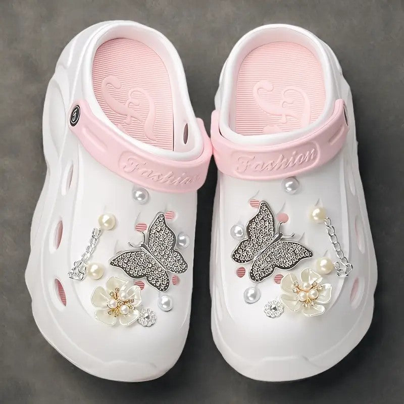 Silver Butterfly Platform Sandals for Women Summer Fashion Pearl Flower Decor Clogs Shoes Woman Thick Bottom EVA Beach Slippers