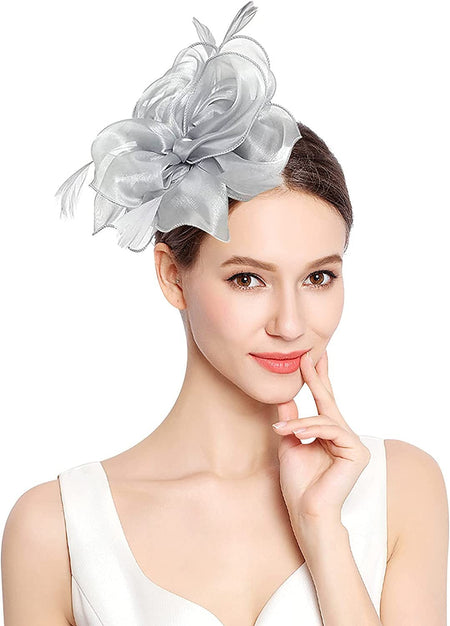 New Women's Organza Fascinators Feather Flower Kentucky Derby Hat Headdress Pillbox Hat for Wedding Tea Party Headwewar Clips