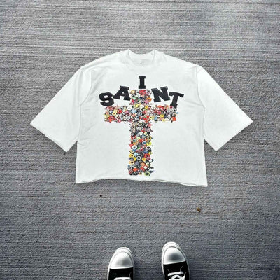 American Hip-hop Anime Print Oversized T-shirt Men Retro Trendy Streetwear Top Pure Cotton Round Neck Casual Loose Short Sleeves