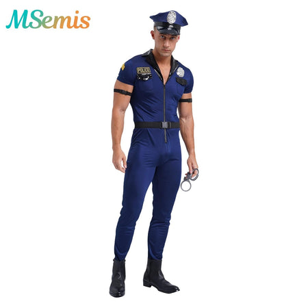 Mens Police Uniform Cosplay Outfits 7-Piece Dirty Cop Officer Costumes Front Zipper Role Play Jumpsuit Hat Belt Manacles Badge