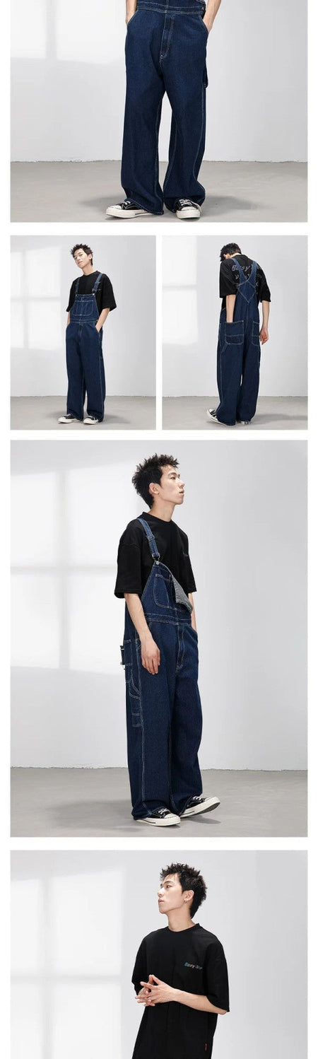 Retro Japanese Style Overalls Casual Straight Leg Workwear Jeans American Streetwear Couples Denim Overalls Loose Fit Men's Jean