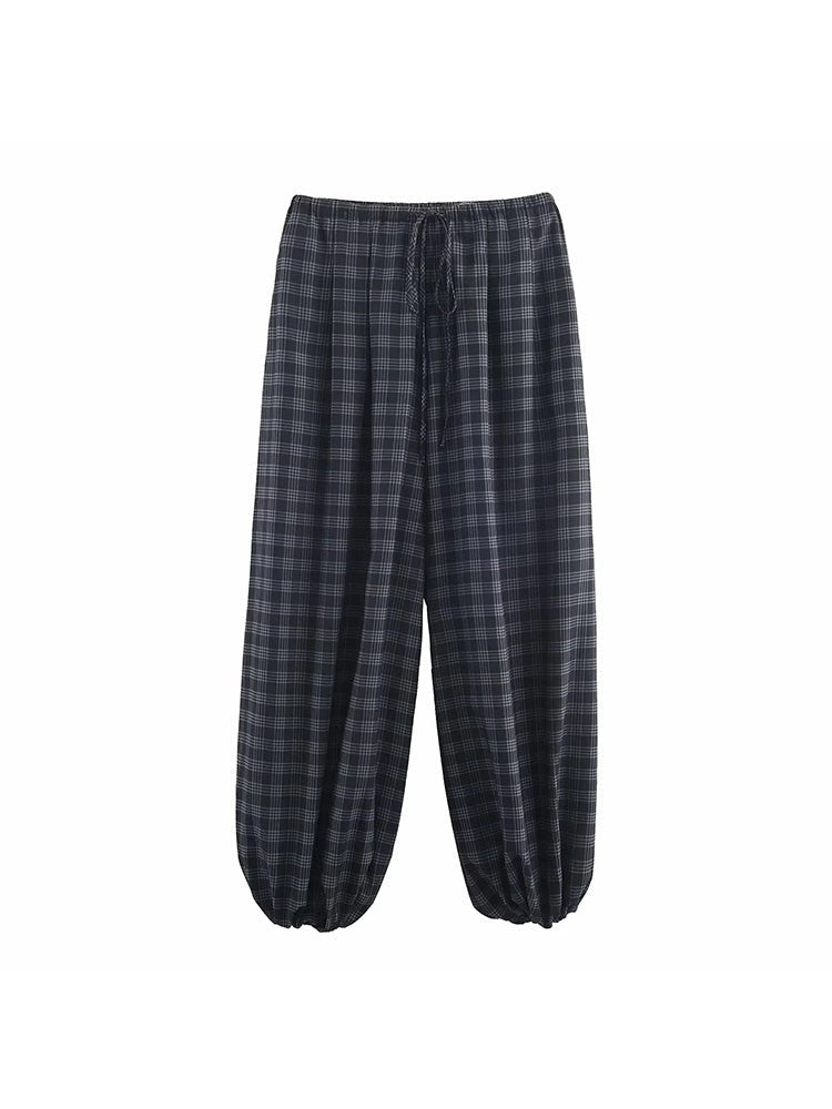 Women's 2025 Autumn Fashion Versatile Ramie Bloomers Plaid Printed Loose Pants Female High-Waist Drawstring Casual Trousers