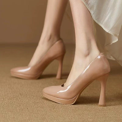 Spring and Autumn New Style Waterproof Platform Slip-on Shoes, Fashionable Banquet Work Shoes, Pointed Toe Thin Heels
