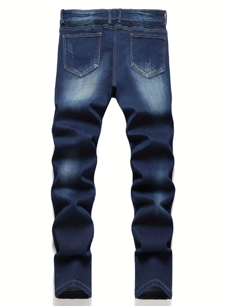 Men's ribbed jeans, elastic straight leg denim pants, washed bicycle distressed jeans