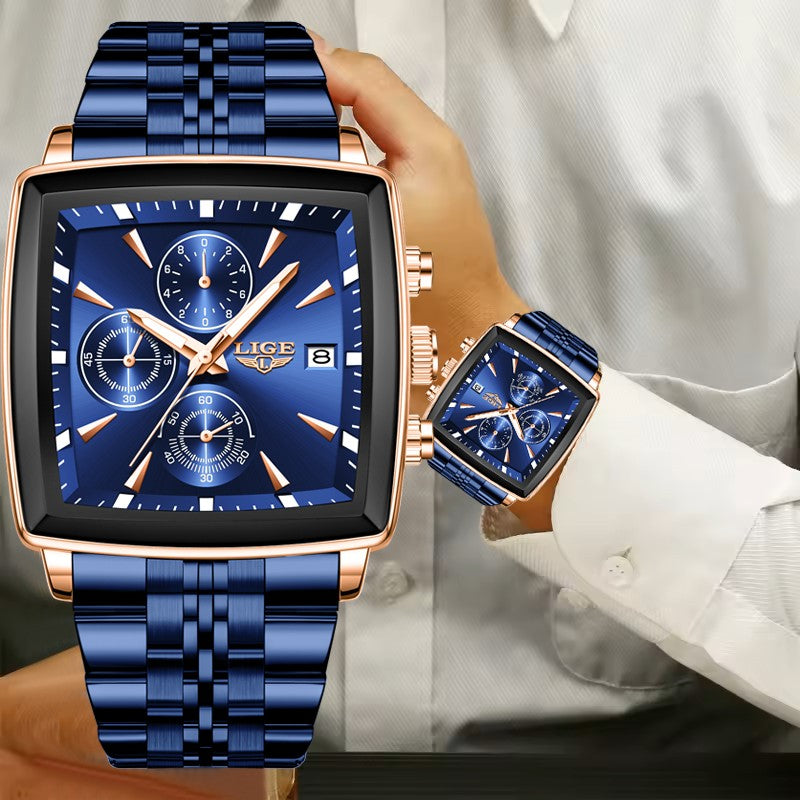 LIGE Top Brand Luxury Mens Watches Fashion Military Square Chronograph Quartz Wristwatches For Men Sports Waterproof Watch Men