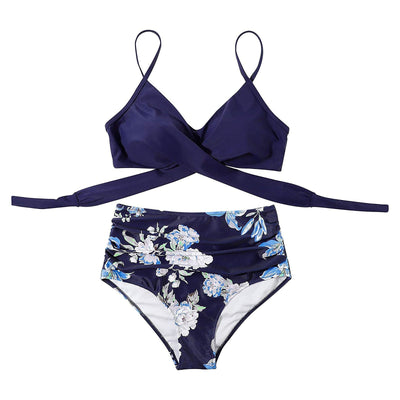 bikini Beach Style Floral Printed Women's Swimsuit Cross High Waisted Tow-piece For Teenagers biquinis feminino tendência 2024