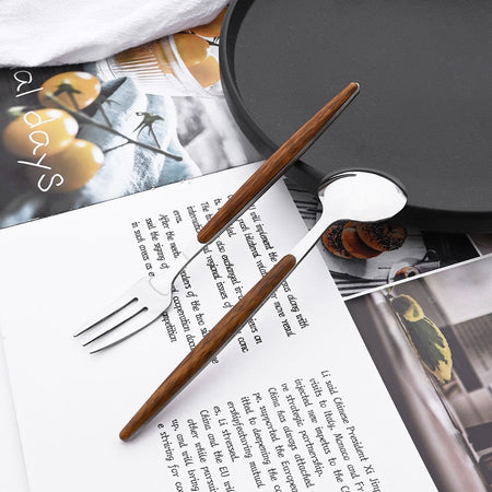 16/24/36Pcs Dinnerware Set Stainless Steel Imitation Wooden Handle Clamp Western Knife Fork Spoon Cutlery Tableware Silverware