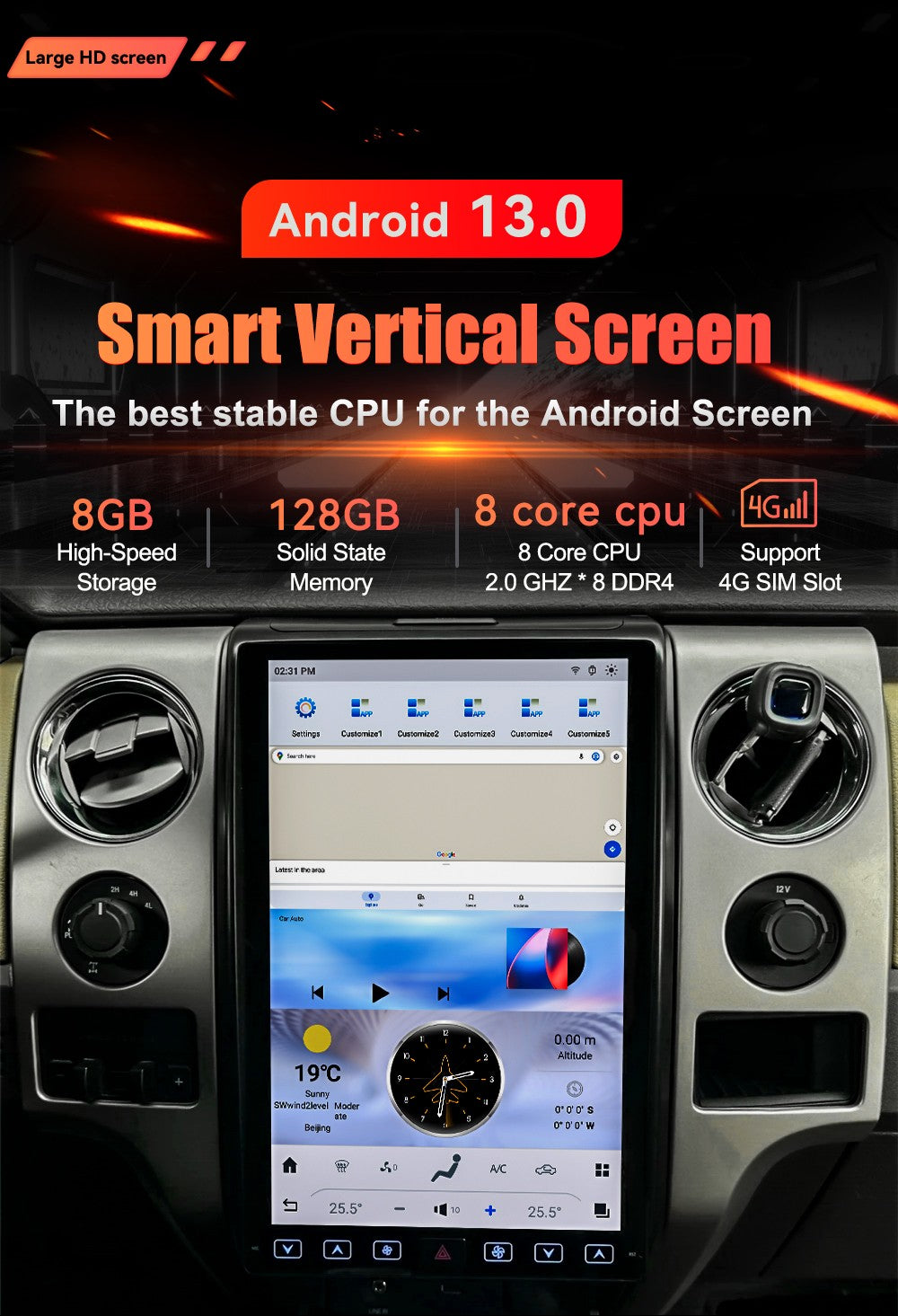 14.4 Inch Android 13 128GB For Ford F150 Raptor 2009-2014 Tesla Style Car GPS Navigation Multimedia Player Radio Tape Headunit