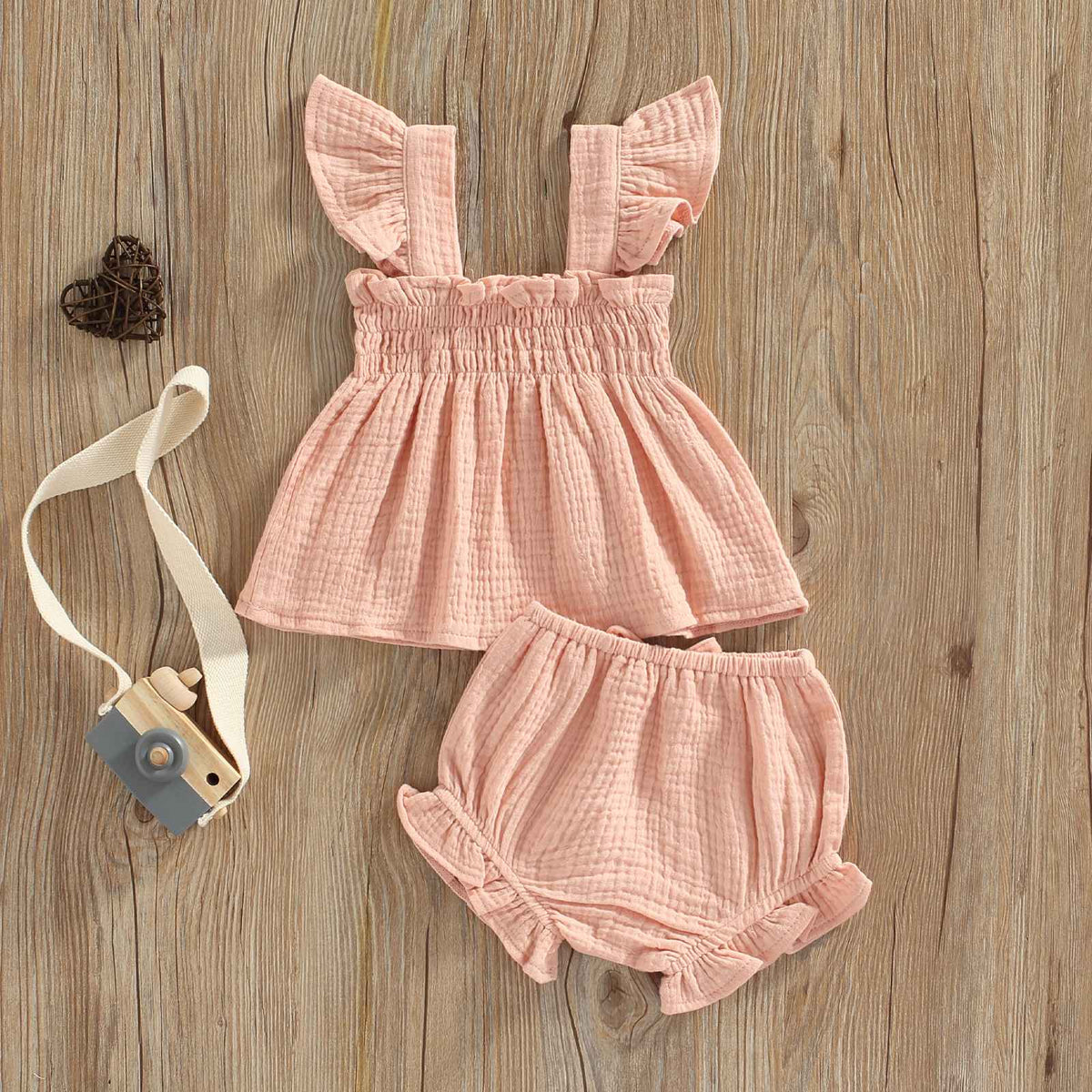 Summer 2023 Baby Girls Suit Set Solid Cotton Linen Casual Square Neck Fly Sleeve Tops+Ruffle Shorts Clothes for Toddler Infant