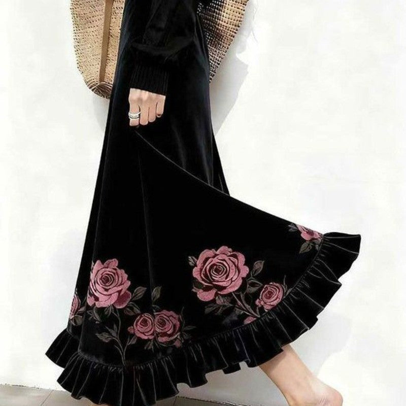 Women Clothes Autumn Winter Fashion Simplicity All-match Printing Solid Color Female Temperament Pleuche High Waist A-line Skirt