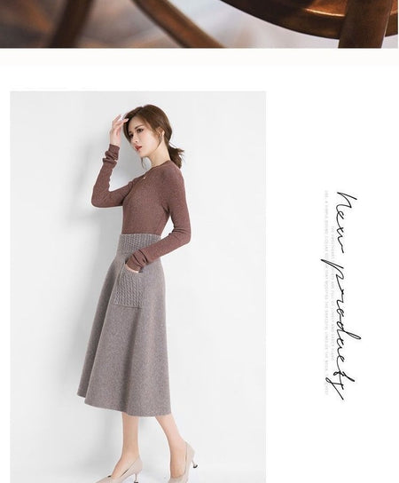 Autumn Winter Women's Mid-Length Knitted Pleated Skirt High Waist A-Line Long Skirt Loose Fuzzy Wool Skirt Double ket