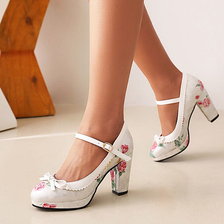 LIHUAMAO 2024 New design print flower Mary jane shoes platform pumps ankle strap round toe pumps party cosplay Ethnic style