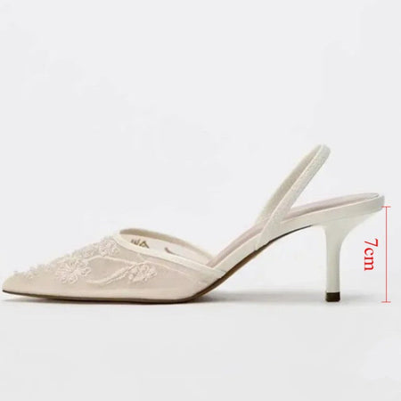 Brand Designer White Women Wedding Pumps Mesh Embroidered Flowers Back Strap Sexy Slingback High Heel Dress Shoes for Ladies