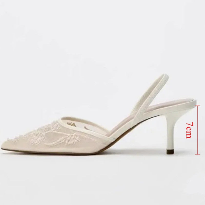 Brand Designer White Women Wedding Pumps Mesh Embroidered Flowers Back Strap Sexy Slingback High Heel Dress Shoes for Ladies