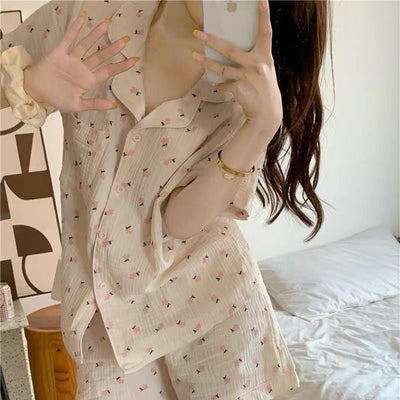 Women's Pajamas Set Foam Cotton Sleepwear Button down Tops and Shorts Pajama 2 Piece Suit Femme Nightwear Loungewear for Summer