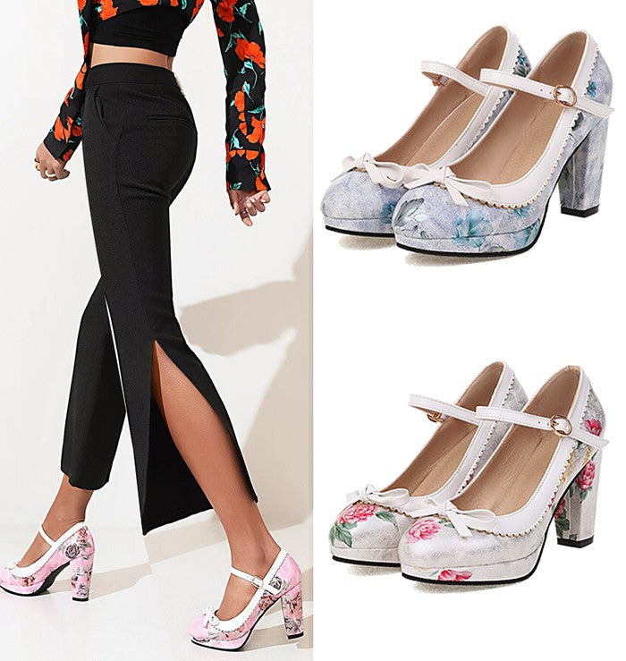 LIHUAMAO 2024 New design print flower Mary jane shoes platform pumps ankle strap round toe pumps party cosplay Ethnic style