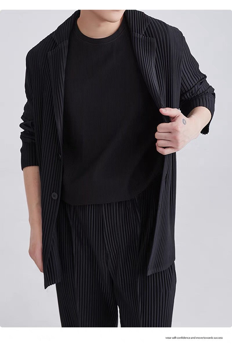 Miyake New 2025 Spring Suit Long Sleeve Pleated Pleated Men's Jacket Lapel Pleated Solid Color Fashion Loose Plisse Casual Top