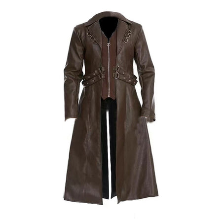 Men Steampunk Faux Leather Vintage Jacket Medieval Trench Coat Long Outwear Winter Gothic Windbreaker Motorcycle Halloween Stage
