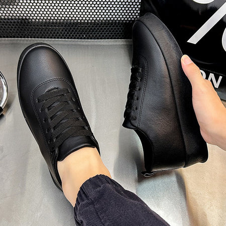 Fashion Thick Sole Black White Soft Men Leather Shoes Platform Men Casual Board Shoes Walking Sport Shoes Lightweight Work Shoes