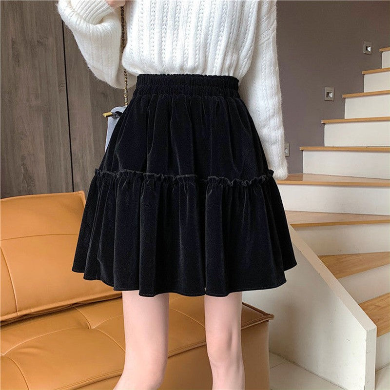 Black Velvet Patchwork Mini Skirt Women Sweet Solid A Line High Waist Skirt Fashion Pretty Style Pleated Summer Student Skirt