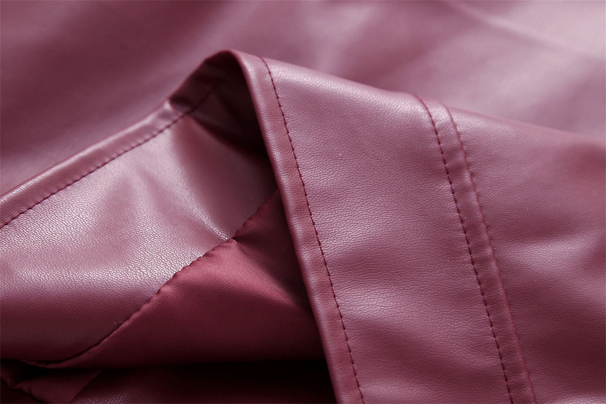 Women Vintage Wine Red Faux Leather Jakcet Fashion Outerwear Zipper Lapel Pu Coats Autumn Winter Streetwear Ladies Short Tops