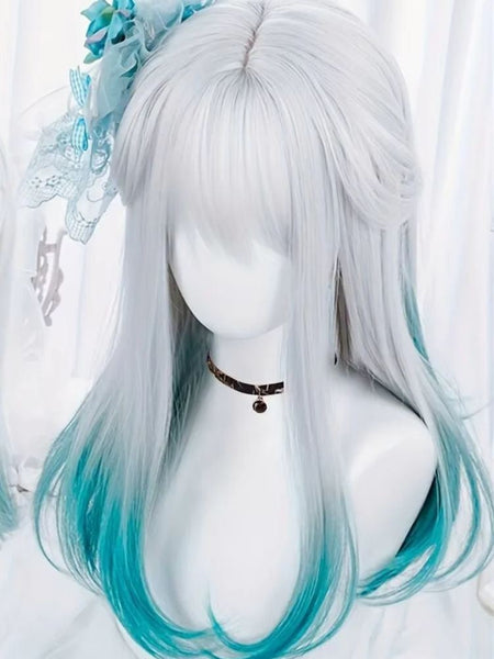 Blue White Gradient Bangs Straight Synthetic Wig with Ponytail Anime Party Cosplay Fashion 2025 New Fiber Hairdo