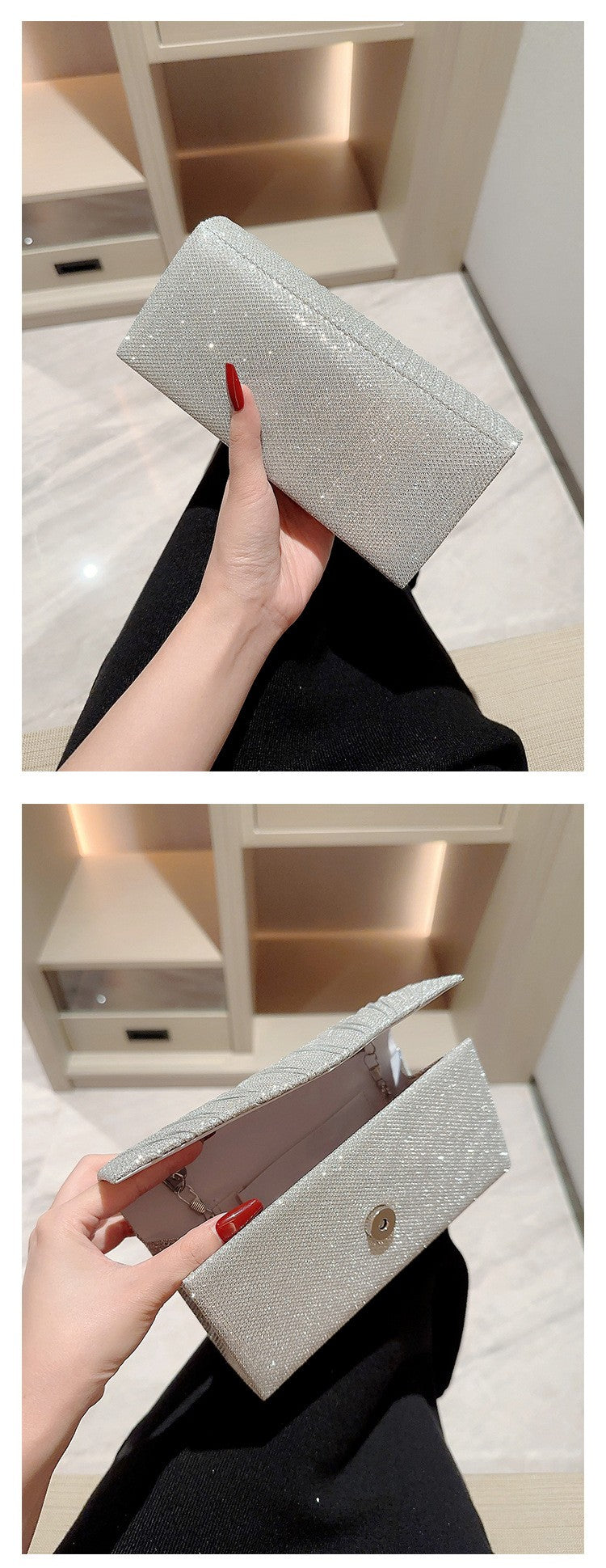 Ladies Glitter Silver Clutch Bag Envelope Evening Bag Fashion Elegant Long Purse Women Chain Shoulder Bags Wedding Party Handbag