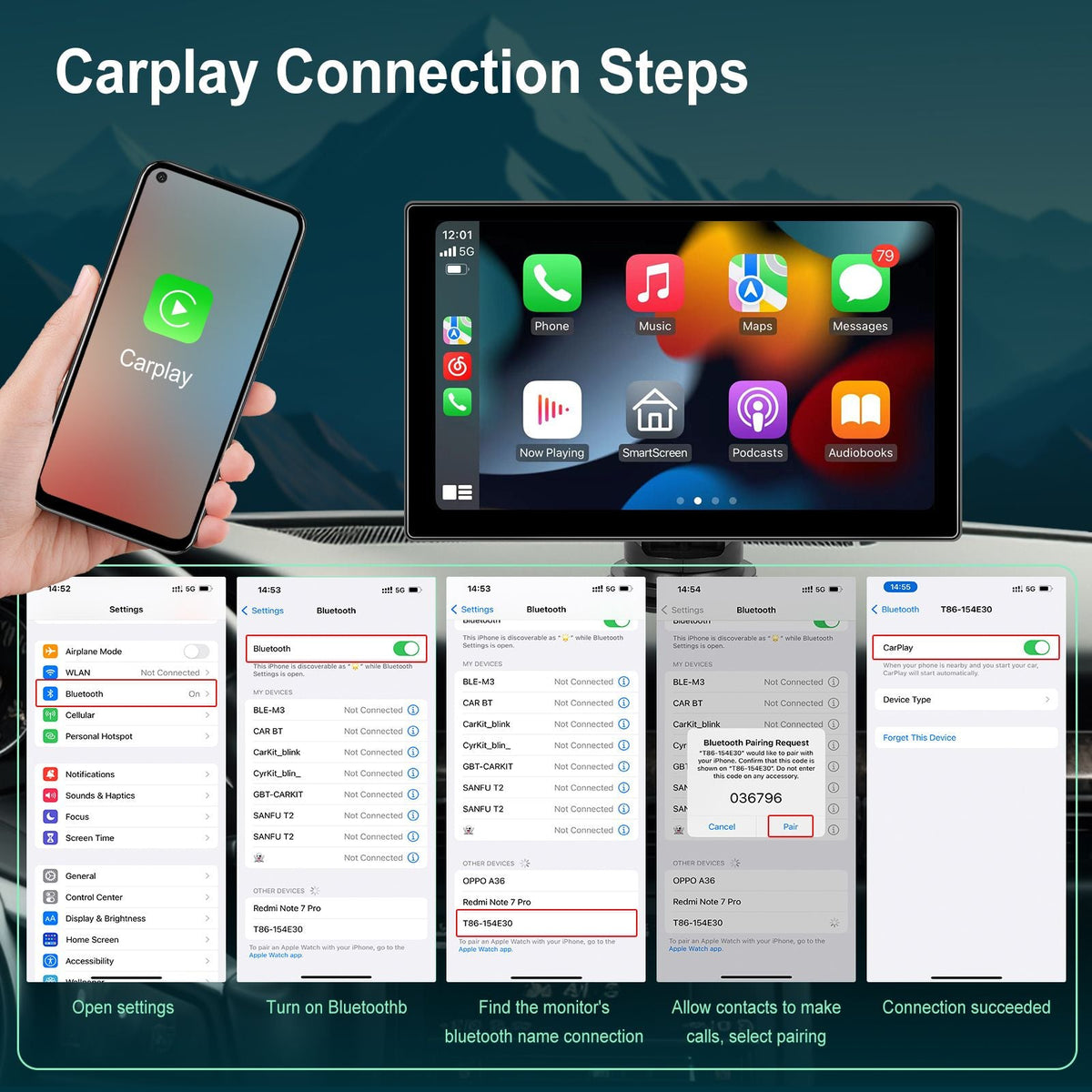 Portable 9" Car Mirror Radio Multimedia Video Player Universal Wireless CarPlay Android Auto Screen Bluetooth AUX TF GPS DVR