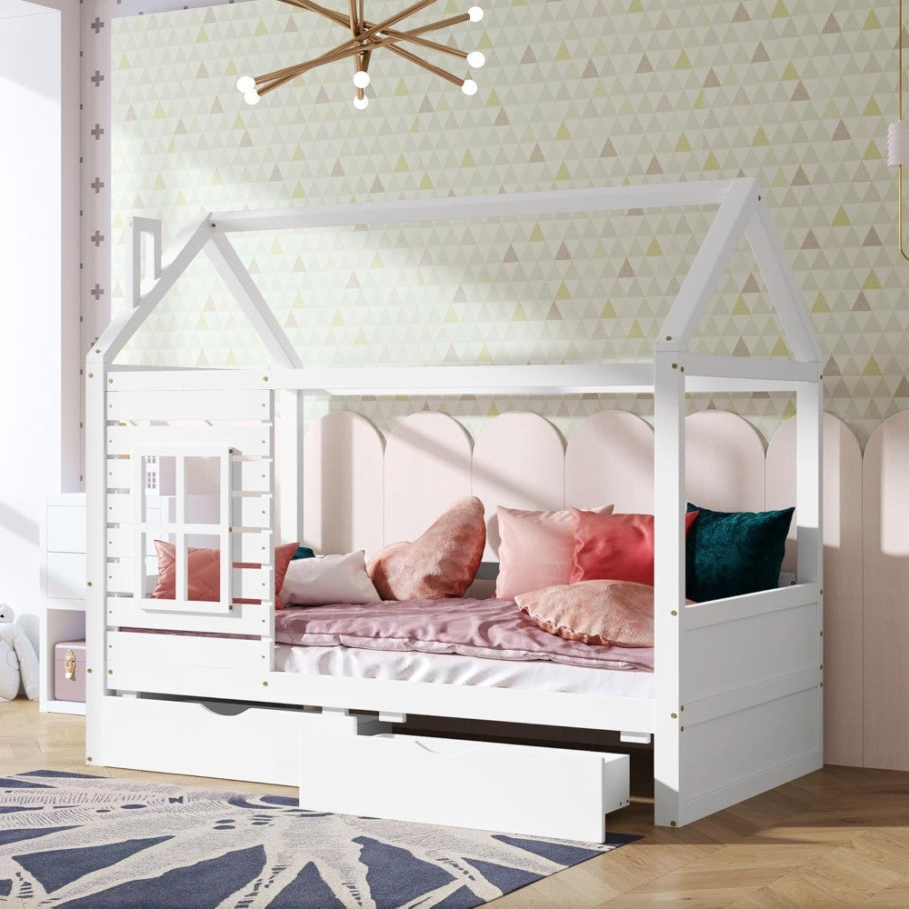 Aoowow Twin Size Kids House Bed with 2 Drawers, Wooden Twin Bed Frame with Window and Roof for Bedroom, Modern Twin Size Kid Pla