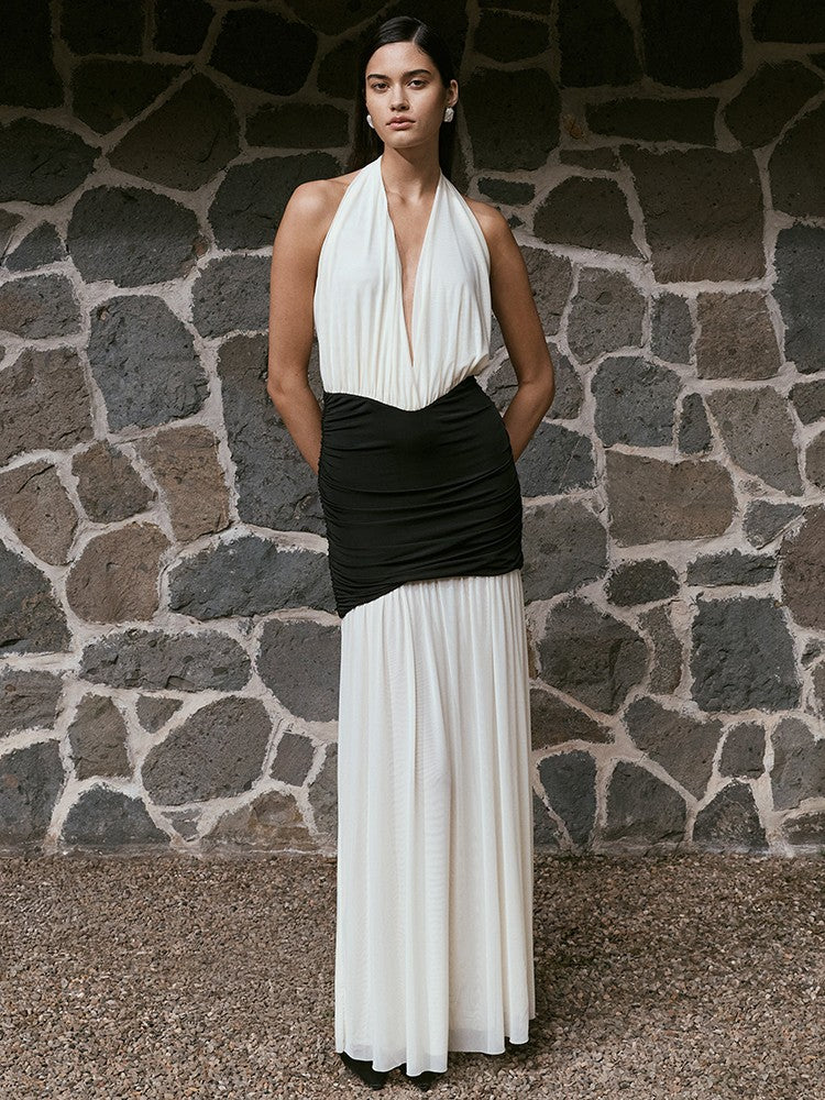 Mozision Patchwork Halter Backless Sexy Maxi Dress Women Gown Elegant Deep V Neck Sleeveless High Waist Bodycon Club Party Dress