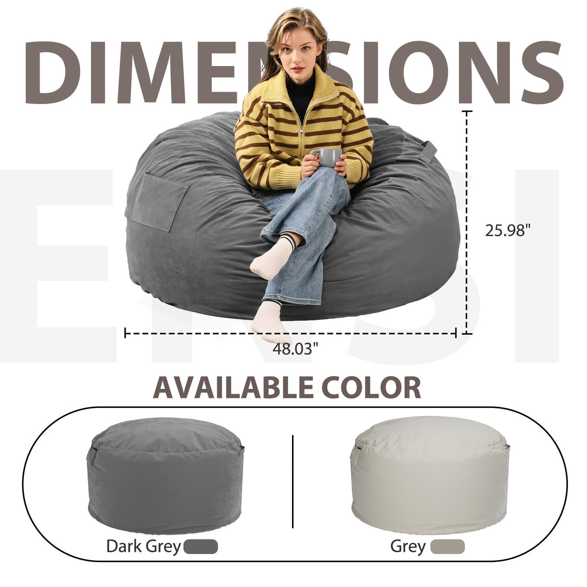 JHK Oversized 3/4FT Bean Bag Chair for Gaming Reading Lazy Sofa Foam Filled Couch with Removable Cover Living Room Furniture