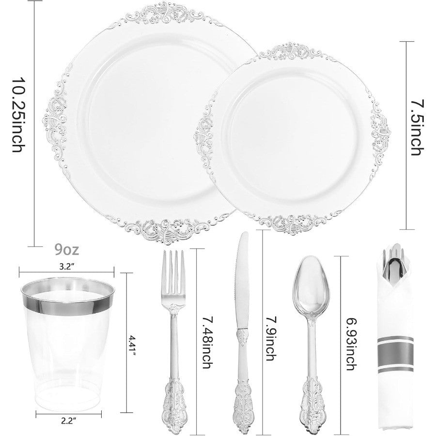 350PCS Silver Plastic Plates and PreRolled Napkins for 50 Guests Disposable Dinnerware Set with 100 Silver Disposable Plates 15