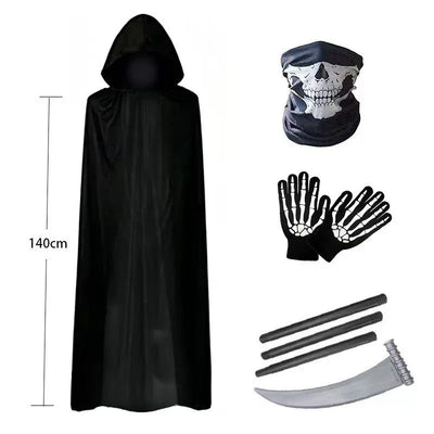 Terror Stitch Halloween Party Cosplay boy Adult Death Black Cloak, Halloween Death Skull Skeleton Ball Costume Prop Set