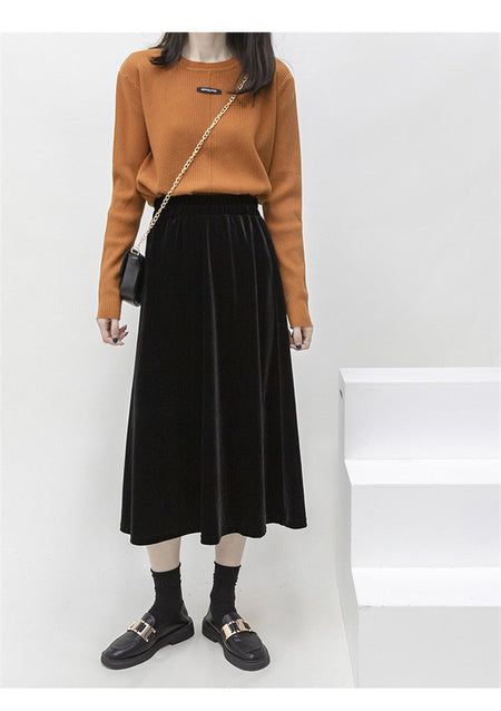 French Style Black Velvet Skirt For Women High Waist A-Line Velour Skirts Spring Autumn Simple High Street Long Skirts Plus Size