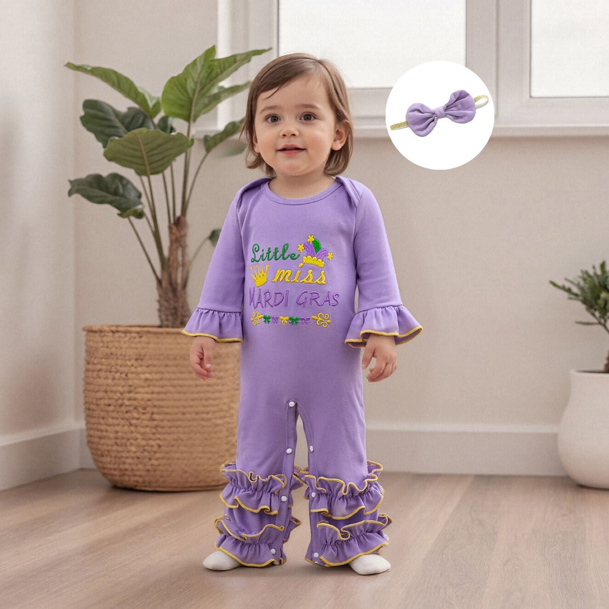 Suefunskry Baby Girl Mardi Gras Themed Romper Letter Crown Embroidery Long Sleeve Round Neck Jumpsuit with Bow Headband
