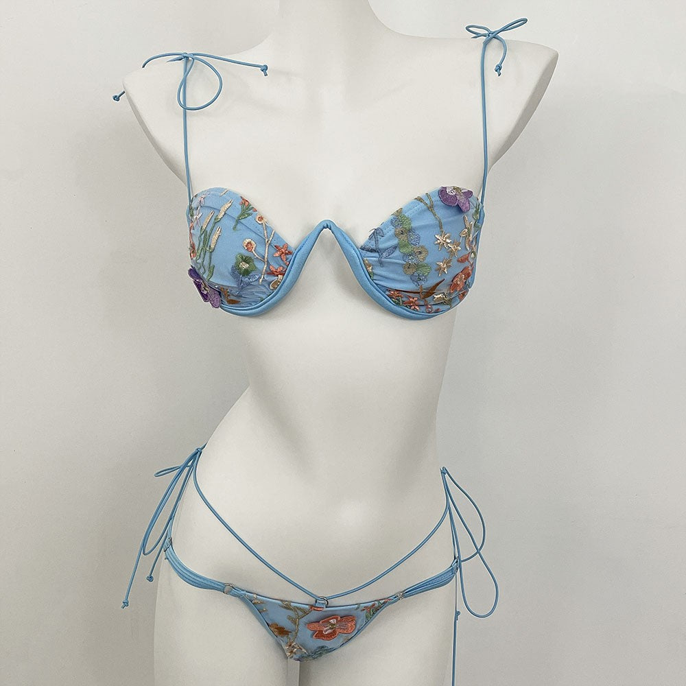 DEBAIOR 2025 Women Bikini Set Floral Embroidery Lingerie Set Women Sheer 2-Piece Boho Bra + Panty Underwear Set Intimates