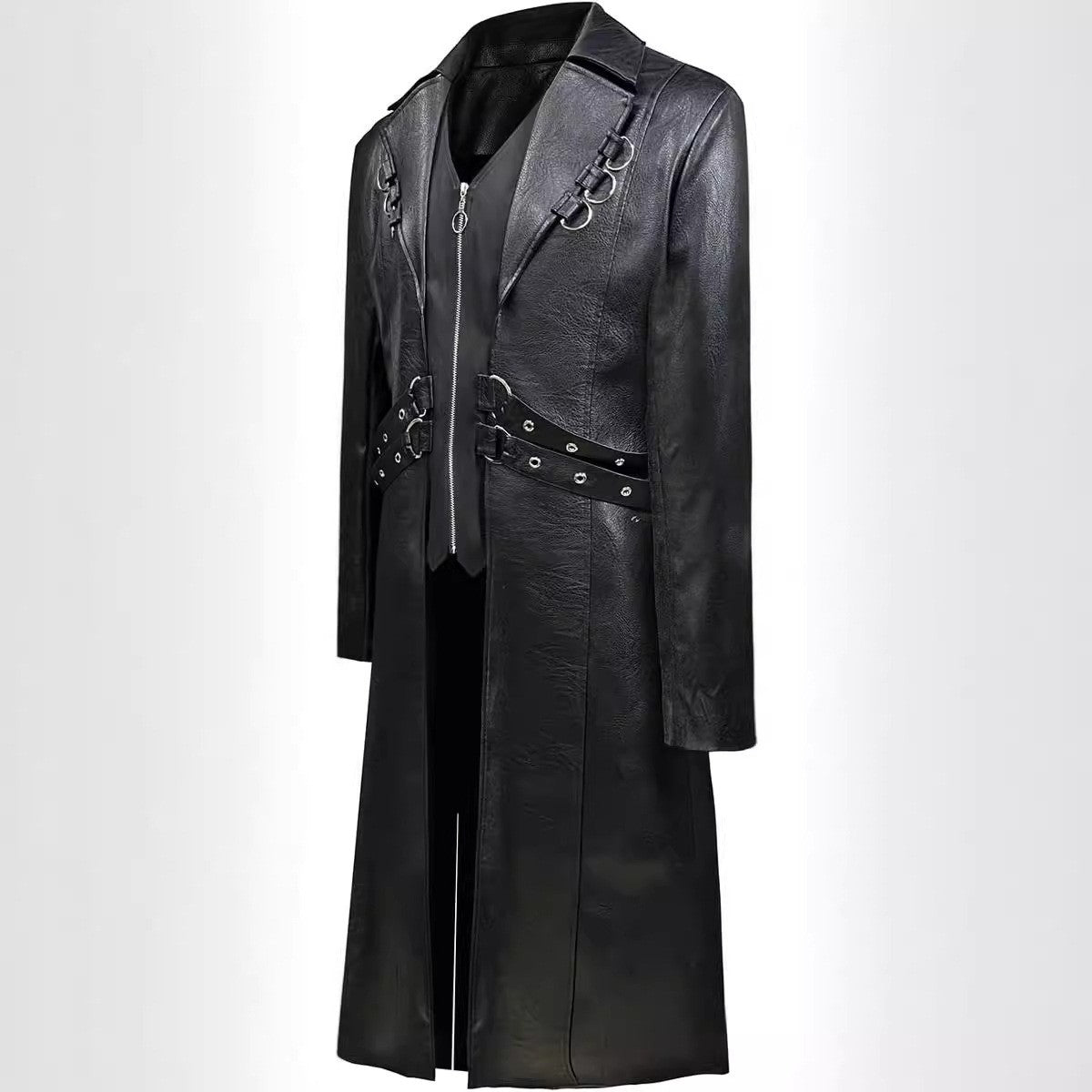 Men Steampunk Faux Leather Vintage Jacket Medieval Trench Coat Long Outwear Winter Gothic Windbreaker Motorcycle Halloween Stage