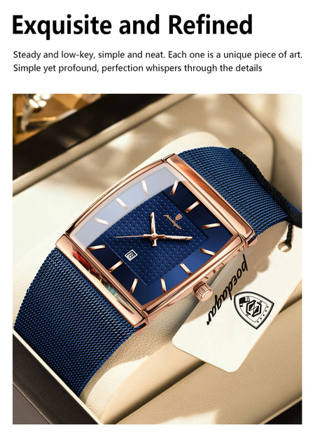 POEDAGAR Top Luxury Men Watch Stainless Steel Mesh Date Waterproof Luminous Man Wristwatch Casual Rectangle Quartz Men's Watches
