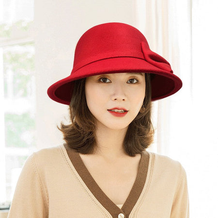 2022 Autumn Winter Fedoras Women Hat Elegant Vintage Bowknot Wool Ladies Hat Dome Felt Wedding Church Jazz Cap Female Bow Bowler