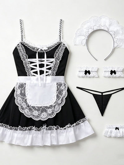 Role Student Complete Maid Cosplay School Costume Set Ruffle Cosplay Vacation Halloween Outfit Halter Dress Set Outfit Costume