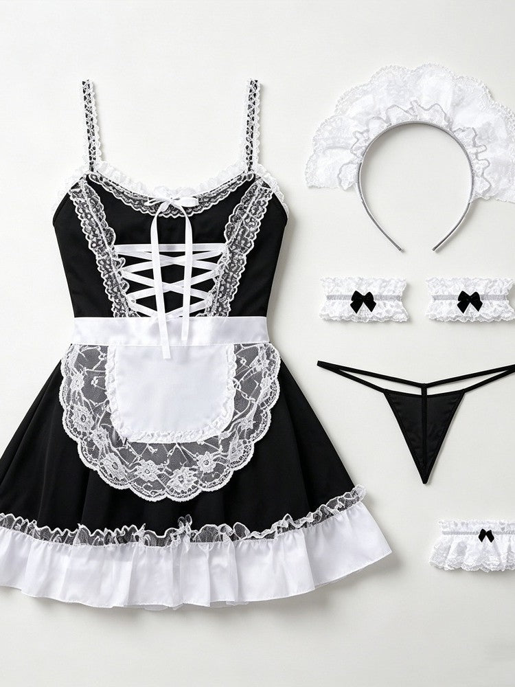 Role Student Complete Maid Cosplay School Costume Set Ruffle Cosplay Vacation Halloween Outfit Halter Dress Set Outfit Costume