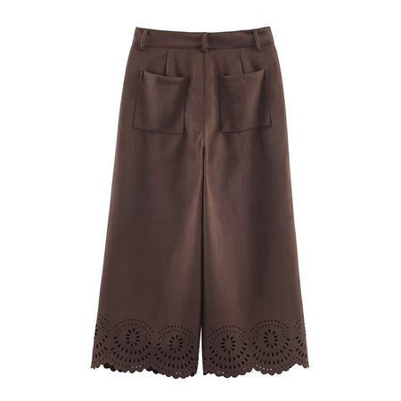 Die-Cut Hem Faux Suede Wide Leg Pants For Women Vintage Brown High Waist With Pockets Casual Loose Trousers