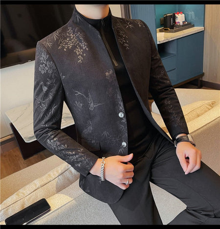 Men's New Chinese Stand Collar Blazer Jacket 2025 Fashion Elegant Printed Slim Fit Business Suits Jacket Tailcoat Men Clothing