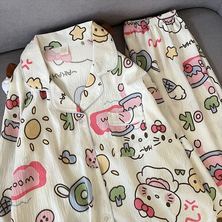 Plus Size Womens Home Wear Big Size Cute Kitty Pajamas Design Sleepwear Set Comfy and Loose Fit Korean Reviews Many Pajamas Y2K