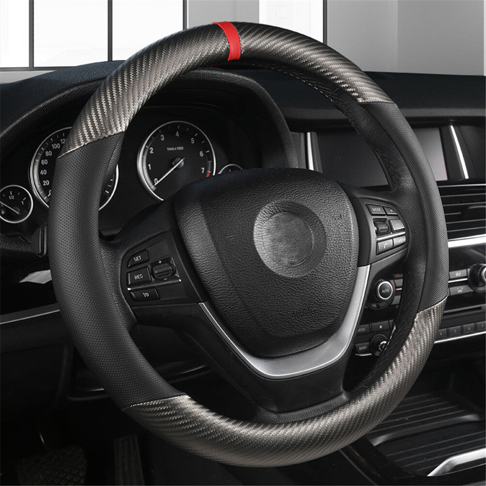 Black Leather 15'' Car Steering Wheel Cover Breathable Anti Slip Auto Protection O Shape