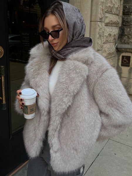 HH 2025 Vintage Women Cropped Faux Fur Jacket Long Sleeve Turn-Down Collar Female Plush Wool Coats Chic Lady Fur Outerwear